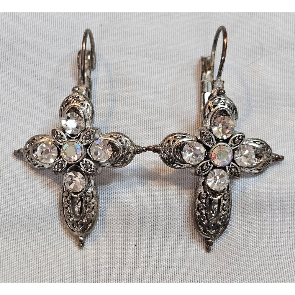 Silver Tone Rhinestone Cross Leverback Earrings‎ Gothic Crystal Drop Religious
